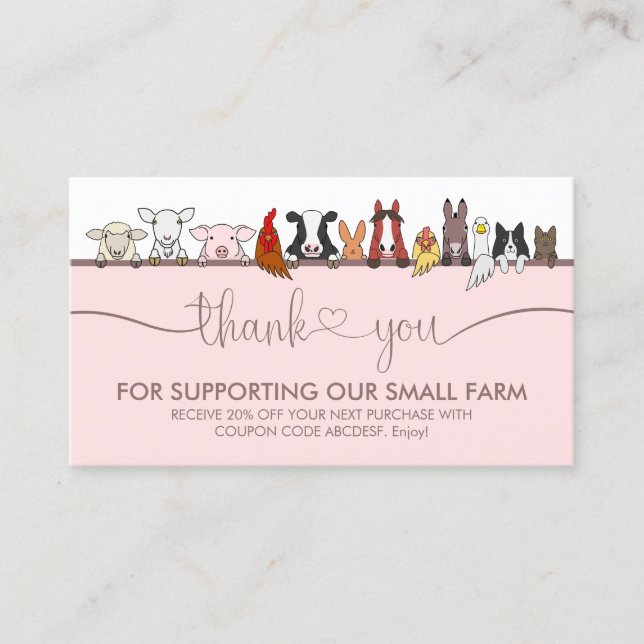 Pink Signature Farm Animal Veterinary Thank You Business Card (Front)