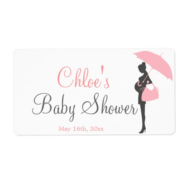 Pink Silhouette Baby Shower Water Bottle Labels (Front)
