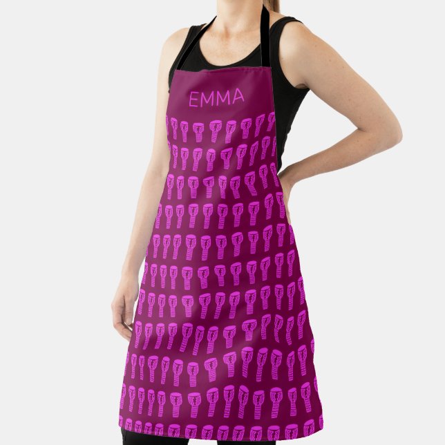 Pink Silhouette Djembe Drum Pattern Purple Fleece Apron (Insitu)