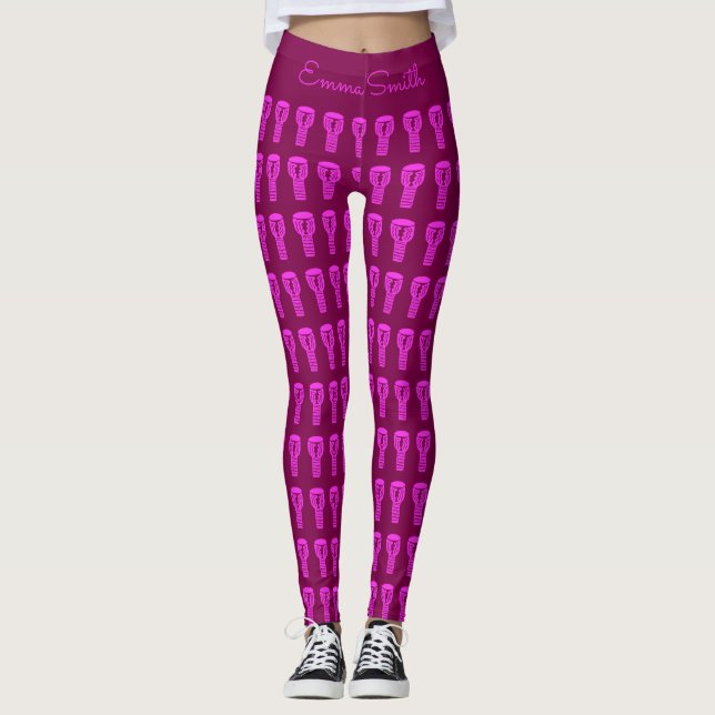 Pink Silhouette Djembe Drum Pattern Purple Fleece Leggings (Front)