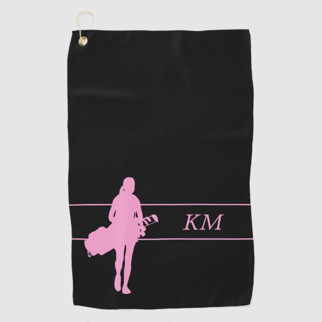 Pink Silhouette Woman Golfer with Bag Monogram Golf Towel (Front)