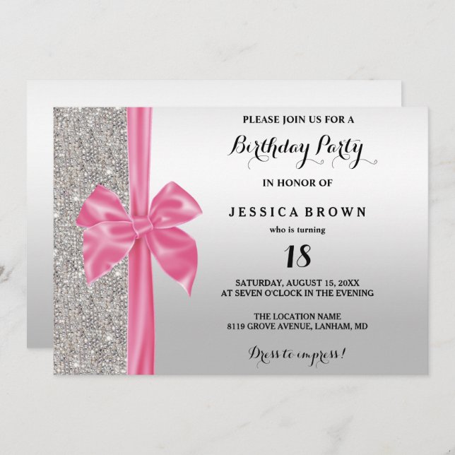 Pink Silk Bow Silver Sequins 18th Birthday Invitation (Front/Back)