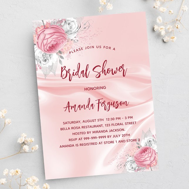 Pink silk florals white roses bridal shower invitation postcard (Creator Uploaded)