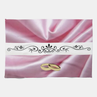 Pink Silk With Wedding Rings Tea Towel