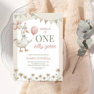 Pink Silly Goose 1st Birthday Party Invitation