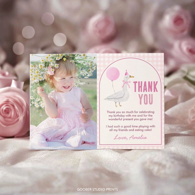 Pink Silly Goose Cute Balloon Girl Birthday Photo Thank You Card (Creator Uploaded)