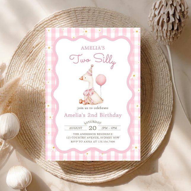 Pink Silly Goose Daisy Gingham 2nd Birthday        Invitation (Creator Uploaded)