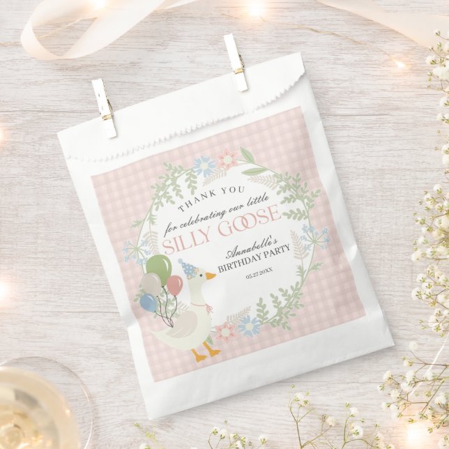 Pink Silly Goose Floral Gingham Birthday Favours Favour Bag (Clipped)