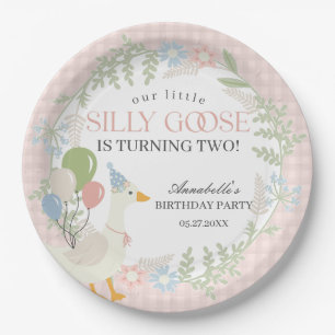 Pink Silly Goose Floral Gingham Birthday Paper Plate