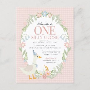 Pink Silly Goose Floral Gingham First Birthday Postcard