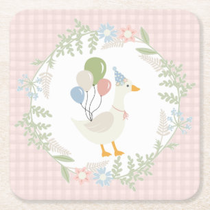 Pink Silly Goose Floral Gingham Paper Square Paper Coaster