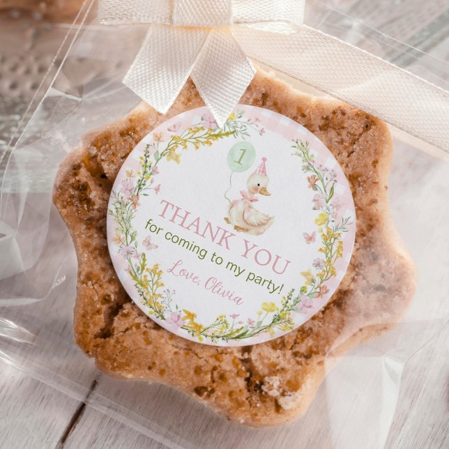 Pink Silly Goose Floral Girl Birthday Classic Round Sticker (Creator Uploaded)