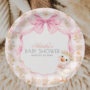 Pink Silly Goose Gingham Daisy Baby Shower Paper Plate