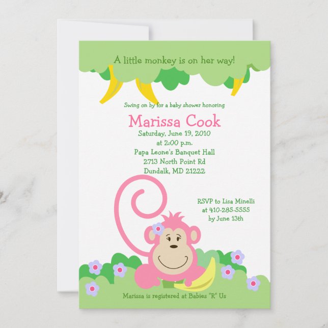 Pink Silly Monkey Jungle Girl Baby Shower 5x7 Invitation (Front)