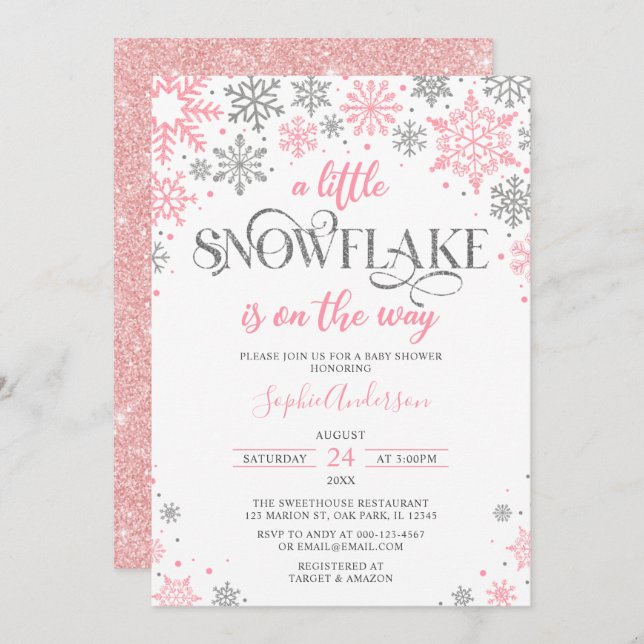  Pink Silver A Little Snowflake Winter Baby Shower Invitation (Front/Back)