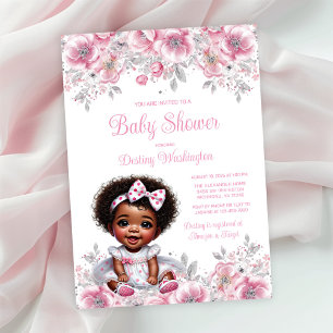 Pink Silver Afro Girl Baby Shower Invitation