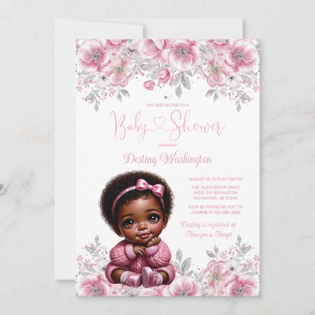 Pink Silver Afro Girl Sweater Baby Shower  Invitation (Front)