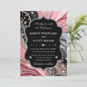 Pink Silver Agate Marble Glitter Wedding Invitation
