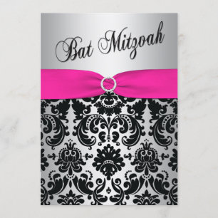 Pink, Silver, and Black Damask Bat Mitzvah Invite