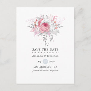 Pink Silver and White Floral Wedding Save the Date Announcement Postcard
