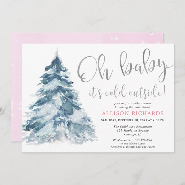 Pink silver Baby its cold outside girl baby shower Invitation (Front/Back)