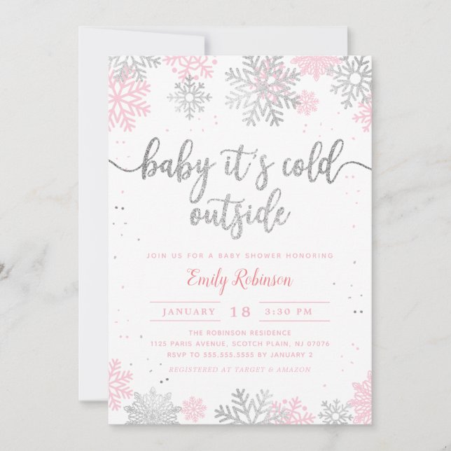Pink Silver Baby Its Cold Outside Girl Baby Shower Invitation (Front)