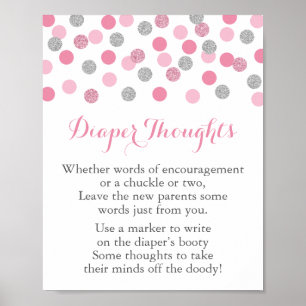 Pink Silver Baby Shower Diaper Thoughts Game Sign