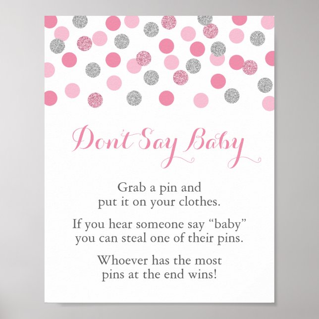 Pink Silver Baby Shower Don't Say Baby Game Sign (Front)