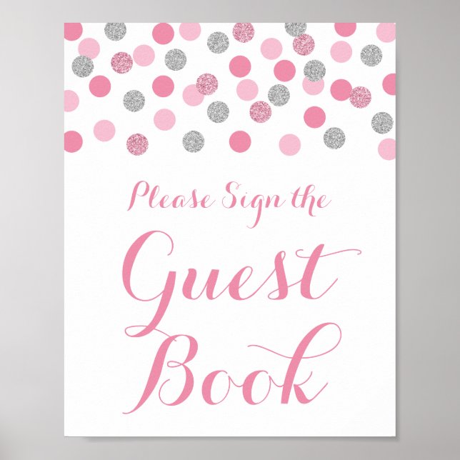 Pink Silver Baby Shower Sign the Guest Book Sign (Front)