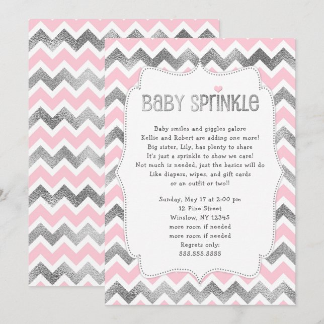 Pink Silver Baby Sprinkle girl baby shower invite (Front/Back)