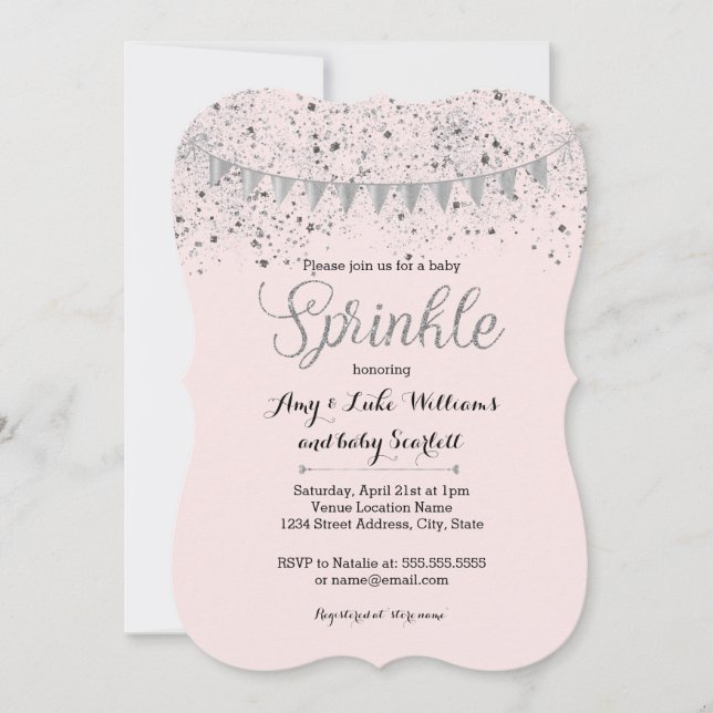 Pink Silver Baby Sprinkle Girl Shower Invite (Front)