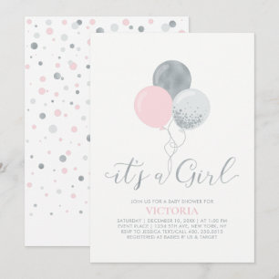 Pink & Silver Balloons   It's a Girl Baby Shower Invitation