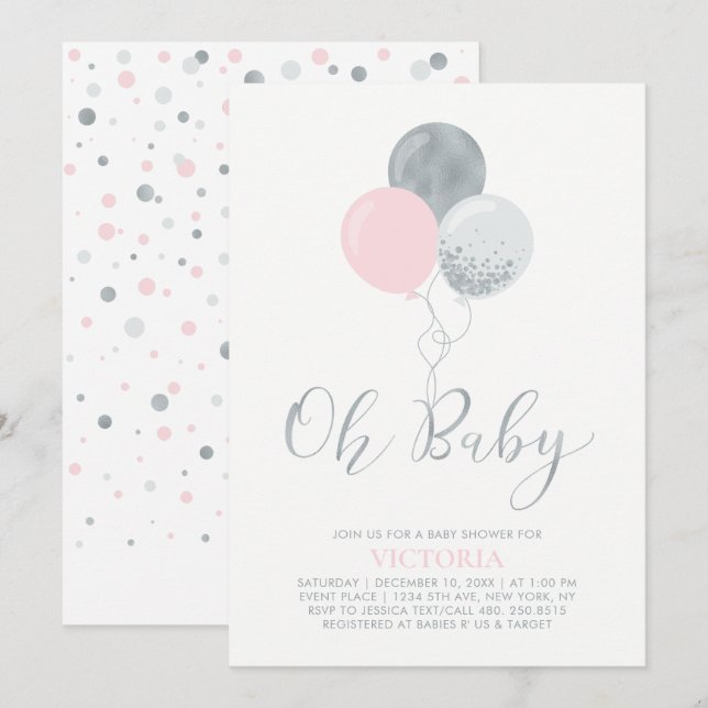Pink & Silver Balloons | Oh Baby Girl Baby Shower Invitation (Front/Back)