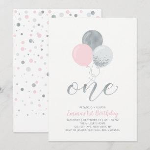 Pink & Silver Balloons   One 1st Girl Birthday Invitation