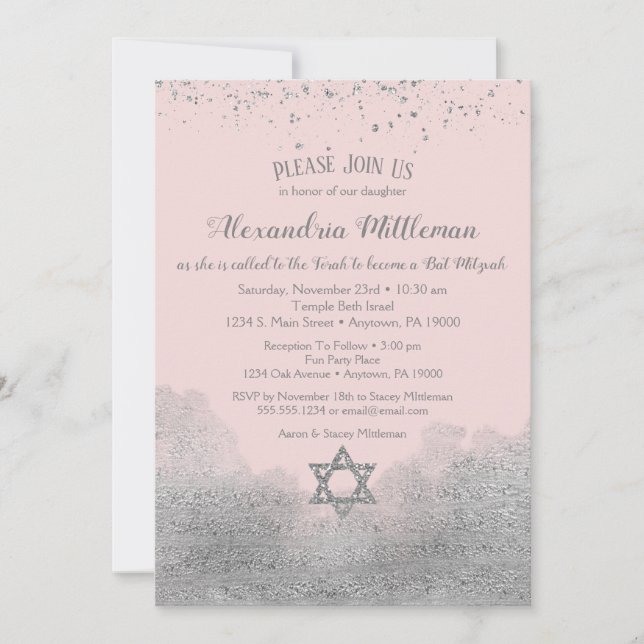 Pink Silver Bat Mitzvah Invitation (Front)