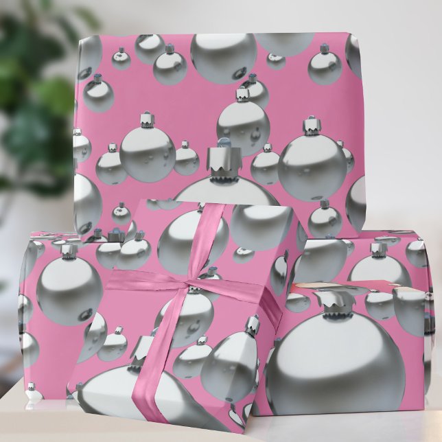 Pink Silver Baubles Christmas Wrapping Paper (A bold pink and silver Christmas Ornament pattern gift wrap just for you)