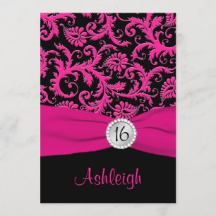 Pink, Silver, Black Damask Sweet 16 Invitation