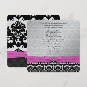 Pink Silver & Black Damask Swirls Wedding Invite