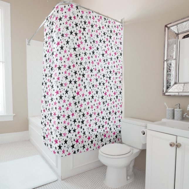 Pink Silver Black Stars Shower Curtain (In Situ)