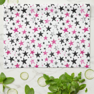 Pink Silver Black Stars Tea Towel