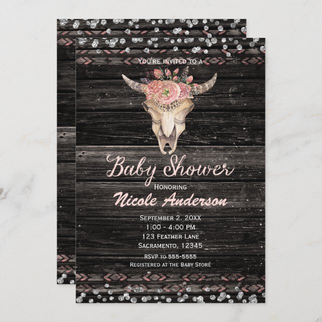Pink & Silver Boho Floral Skull Rustic Baby Shower Invitation (Front/Back)