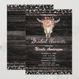 Pink Silver Boho Floral Skull Rustic Bridal Shower Invitation