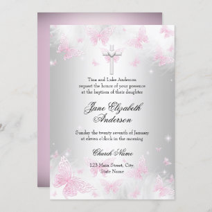 Pink Silver Butterfly Cross Baptism Invite