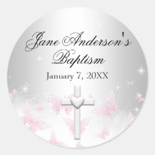 Pink Silver Butterfly Cross Baptism Sticker