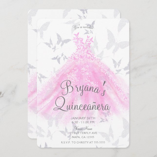 Pink Silver Butterfly Dance Dress Quinceañera Invitation (Front/Back)