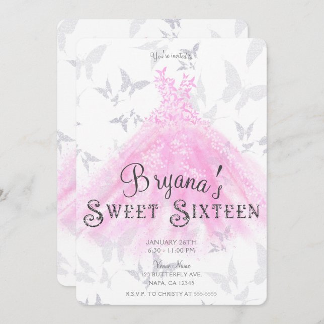 Pink Silver Butterfly Dance Dress Sweet 16 Party Invitation (Front/Back)