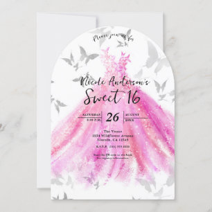 Pink Silver Butterfly Dance Sweet 16 Birthday  Invitation