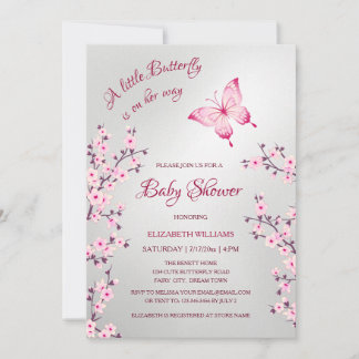 Pink Silver Butterfly | Girl Baby Shower  Invitation