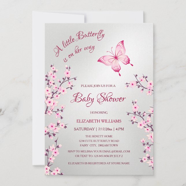 Pink Silver Butterfly | Girl Baby Shower  Invitation (Front)