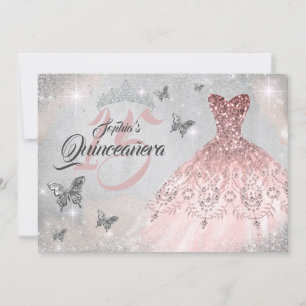 Pink Silver Butterfly Sparkle Dress Quinceanera Invitation